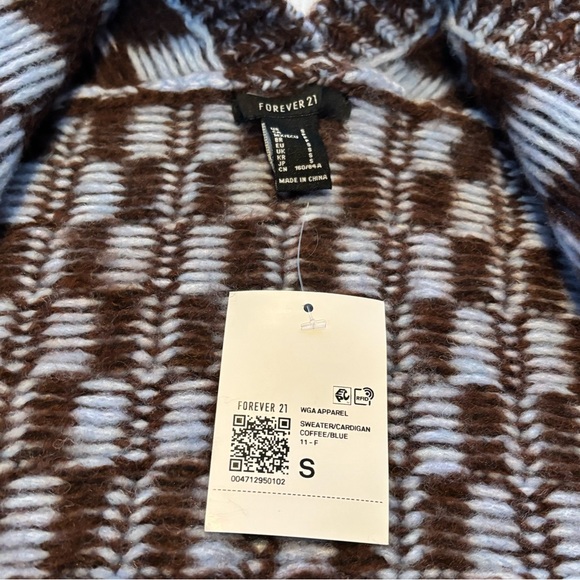 New Forever 21 Cardigan Blue Brown Oversized Checkered Plaid Open Front Size S - Picture 8 of 9